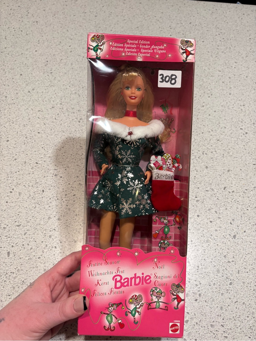 Vintage Barbie Green and White Holiday Snowflake Dress
